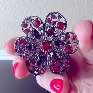 Vintage Red and Purple Rhinestone Flower Brooch, Pin, Floral, Garnet Amethyst